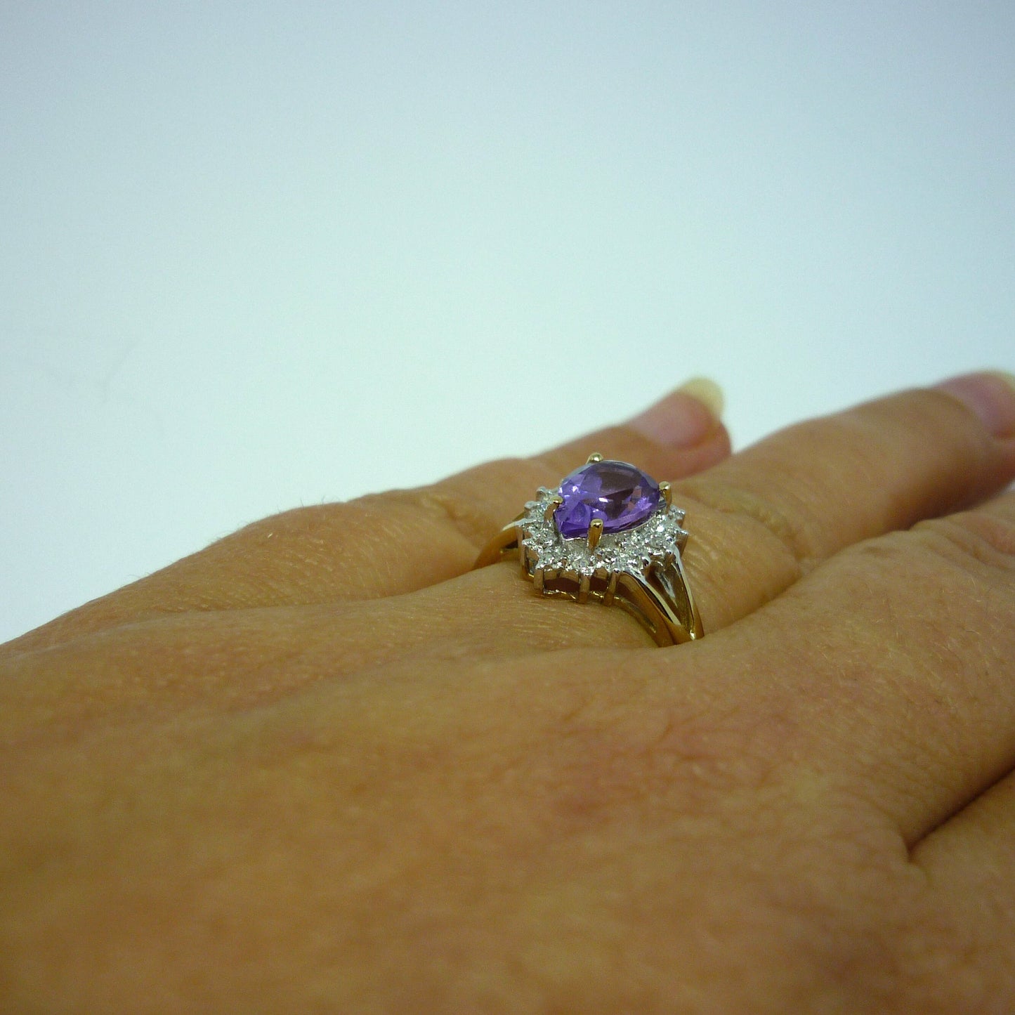 Pear Shaped Amethyst Ring with Diamonds, Teardrop Engagement Ring Size 5.75