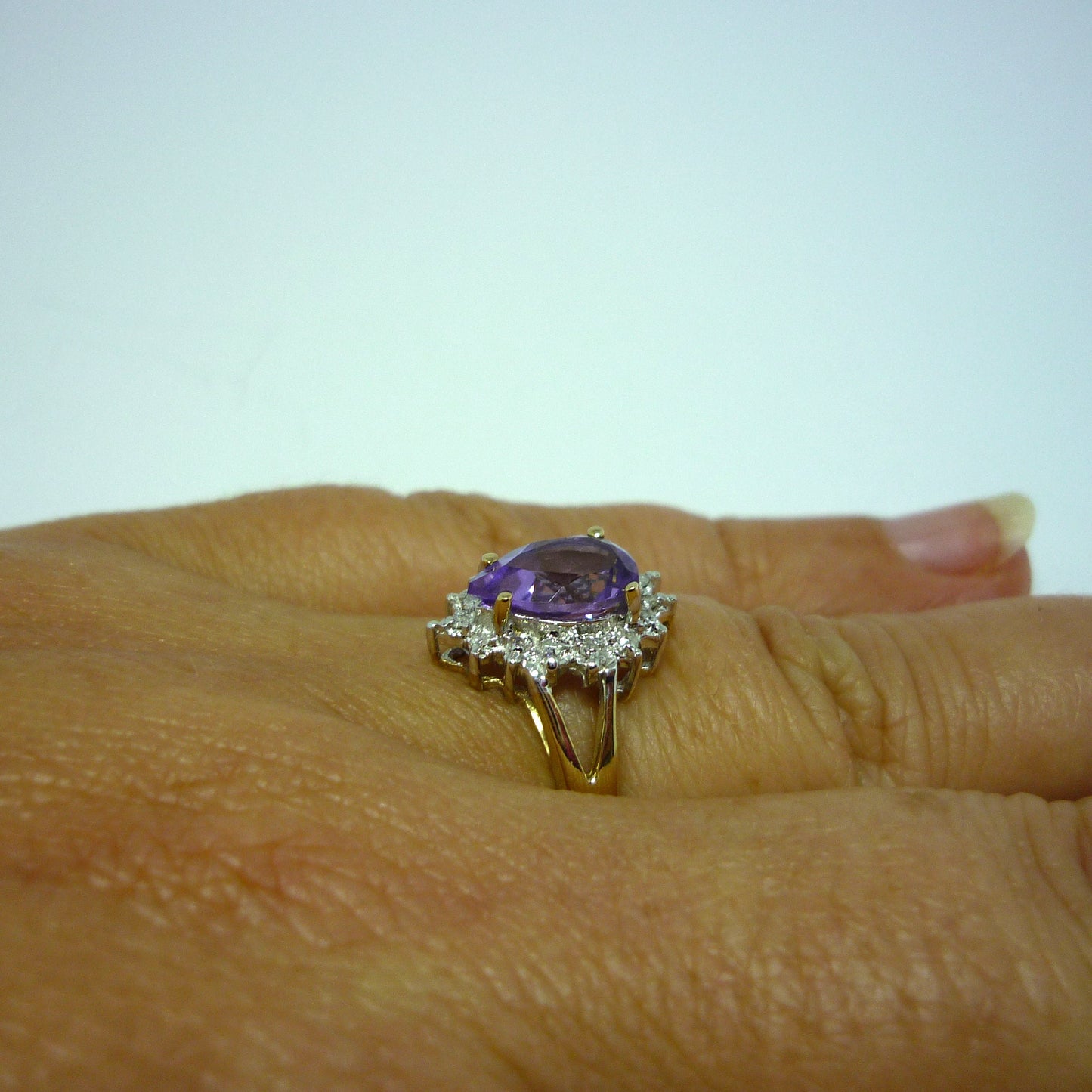 Pear Shaped Amethyst Ring with Diamonds, Teardrop Engagement Ring Size 5.75