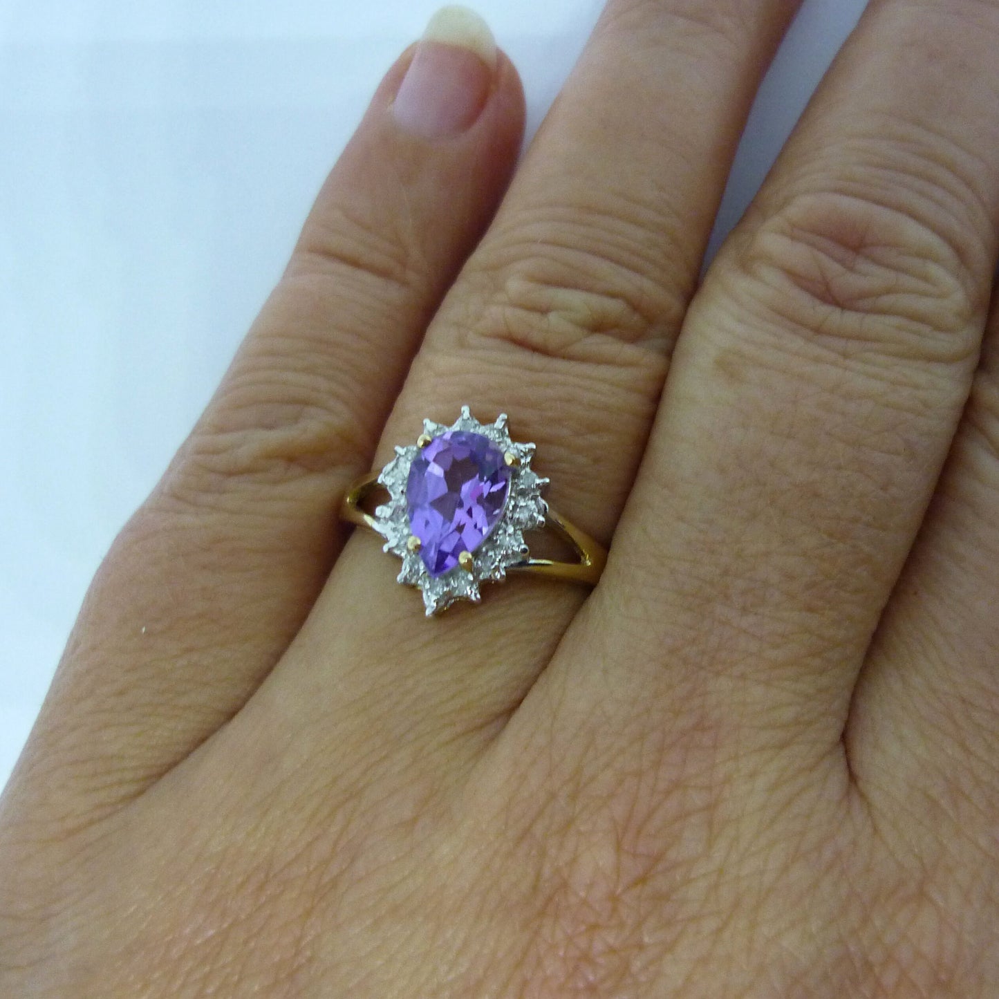 Pear Shaped Amethyst Ring with Diamonds, Teardrop Engagement Ring Size 5.75