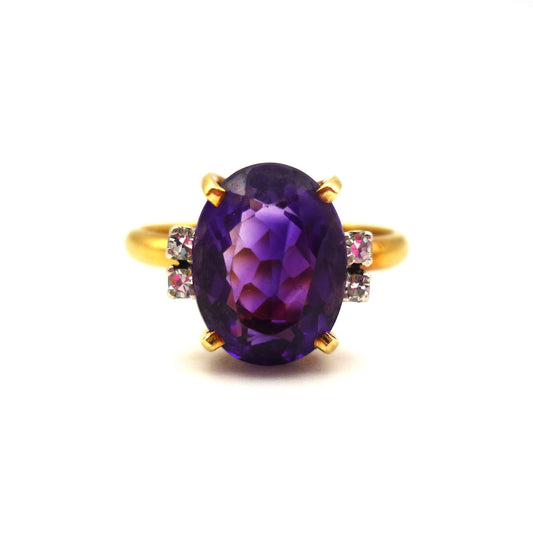 18k Gold Amethyst Ring with Diamond Accents in Size 7.5, Estate Gemstone Ring