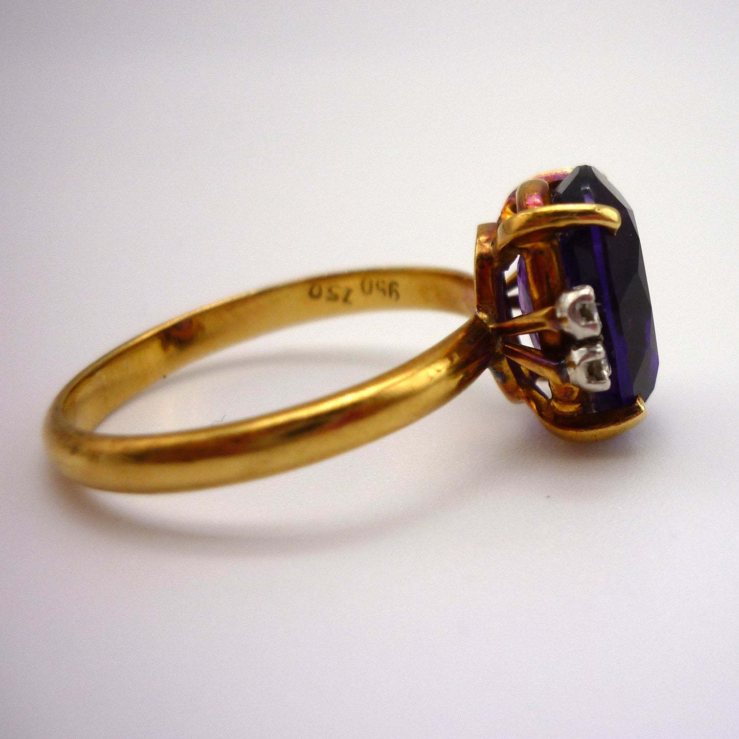 18k Gold Amethyst Ring with Diamond Accents in Size 7.5, Estate Gemstone Ring