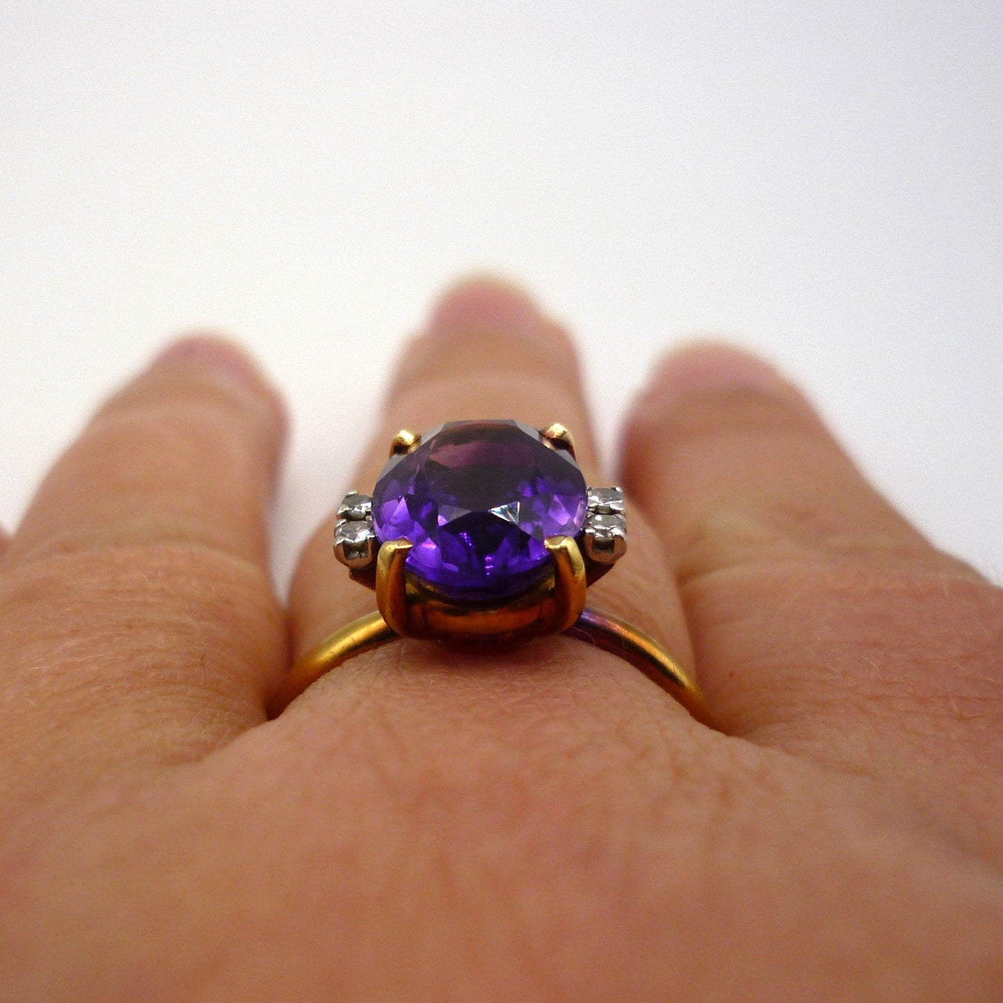 18k Gold Amethyst Ring with Diamond Accents in Size 7.5, Estate Gemstone Ring