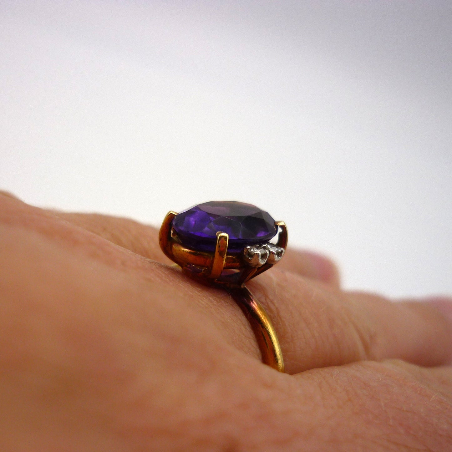 18k Gold Amethyst Ring with Diamond Accents in Size 7.5, Estate Gemstone Ring