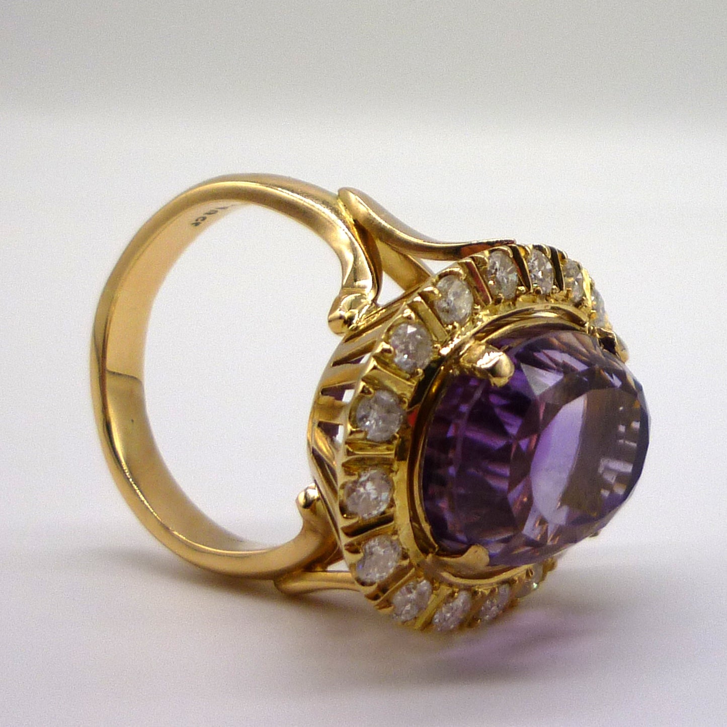 Large Amethyst Cocktail Ring: 18k Gold & Diamond Estate Ring, Size 10