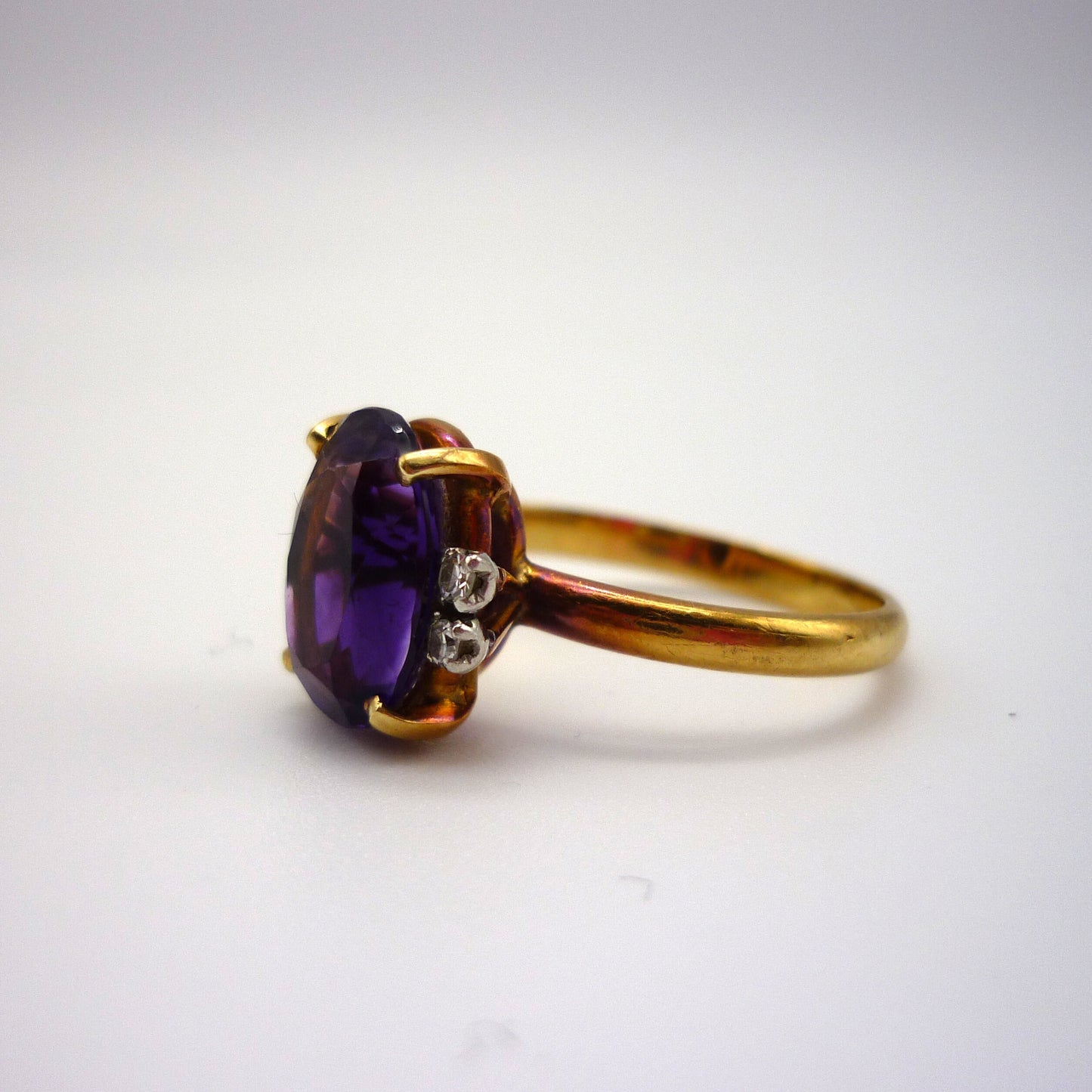 18k Gold Amethyst Ring with Diamond Accents in Size 7.5, Estate Gemstone Ring