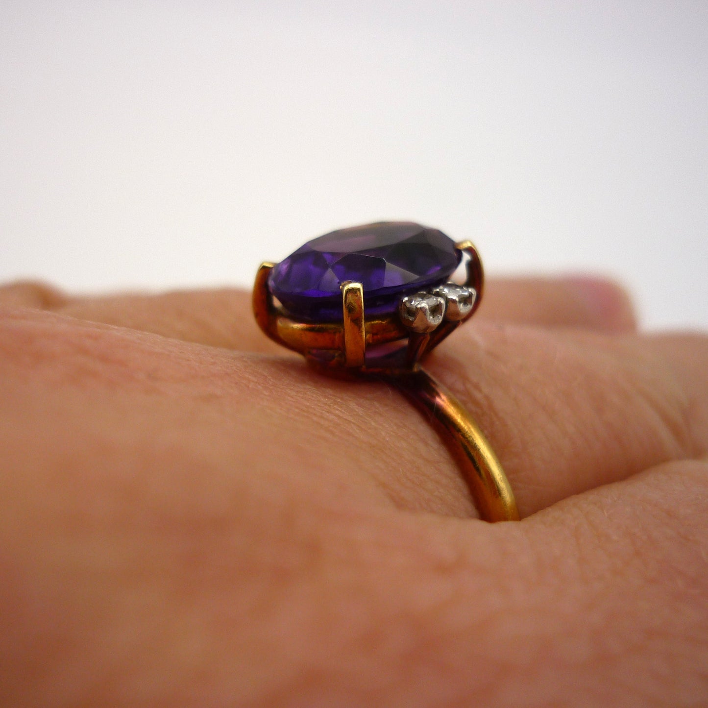 18k Gold Amethyst Ring with Diamond Accents in Size 7.5, Estate Gemstone Ring