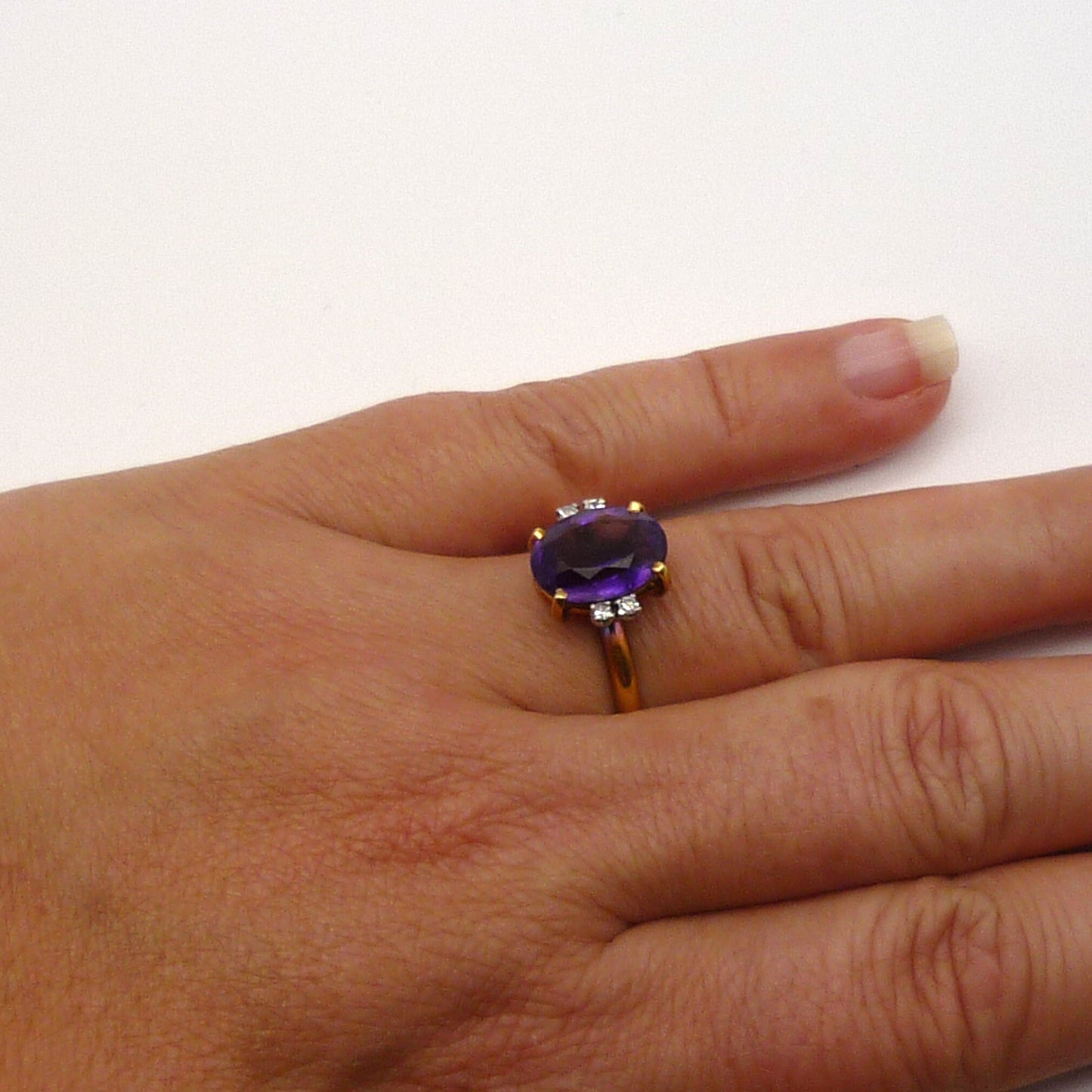 18k Gold Amethyst Ring with Diamond Accents in Size 7.5, Estate Gemstone Ring