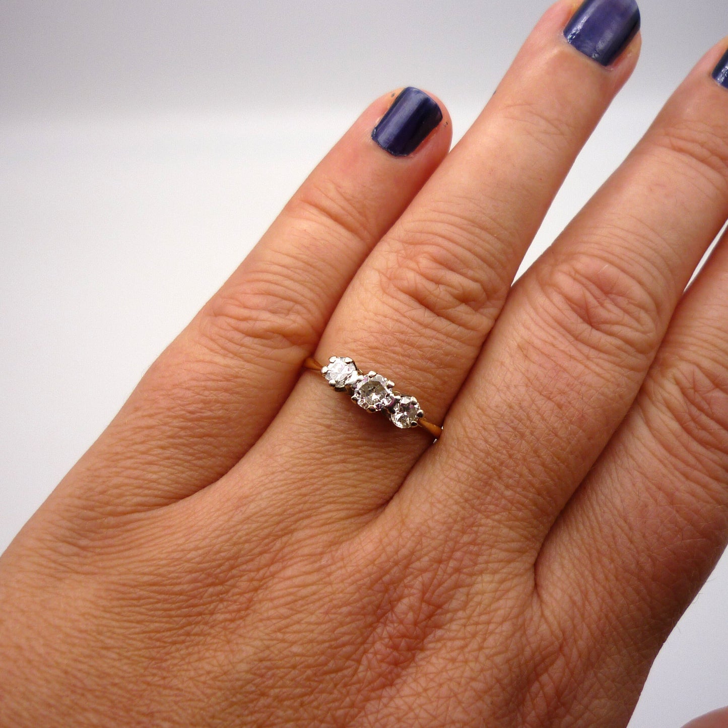 18K Gold 0.5ct Diamond Trilogy Engagement Ring Size 6.75, Dainty Gold Band