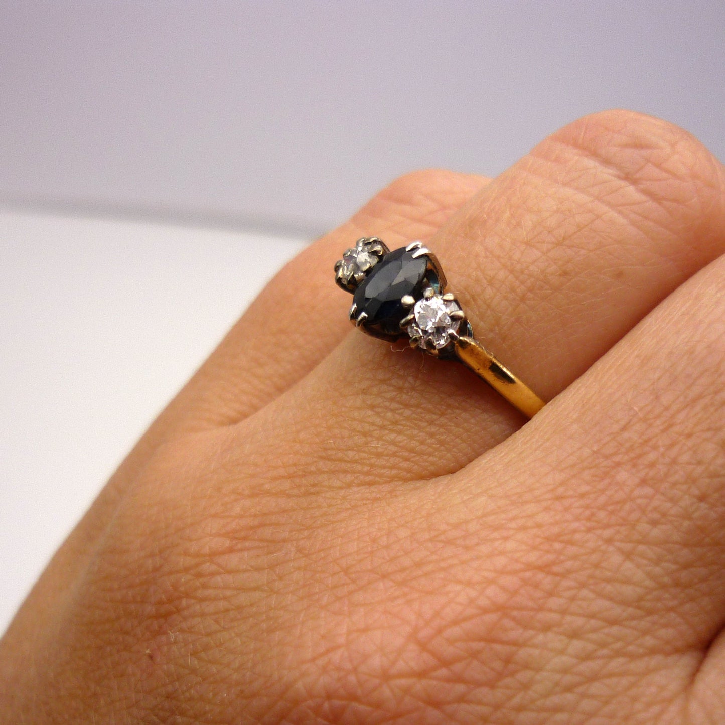 Antique Sapphire & Old Cut Diamond Trilogy Ring Size 6.75 -  UK Size N