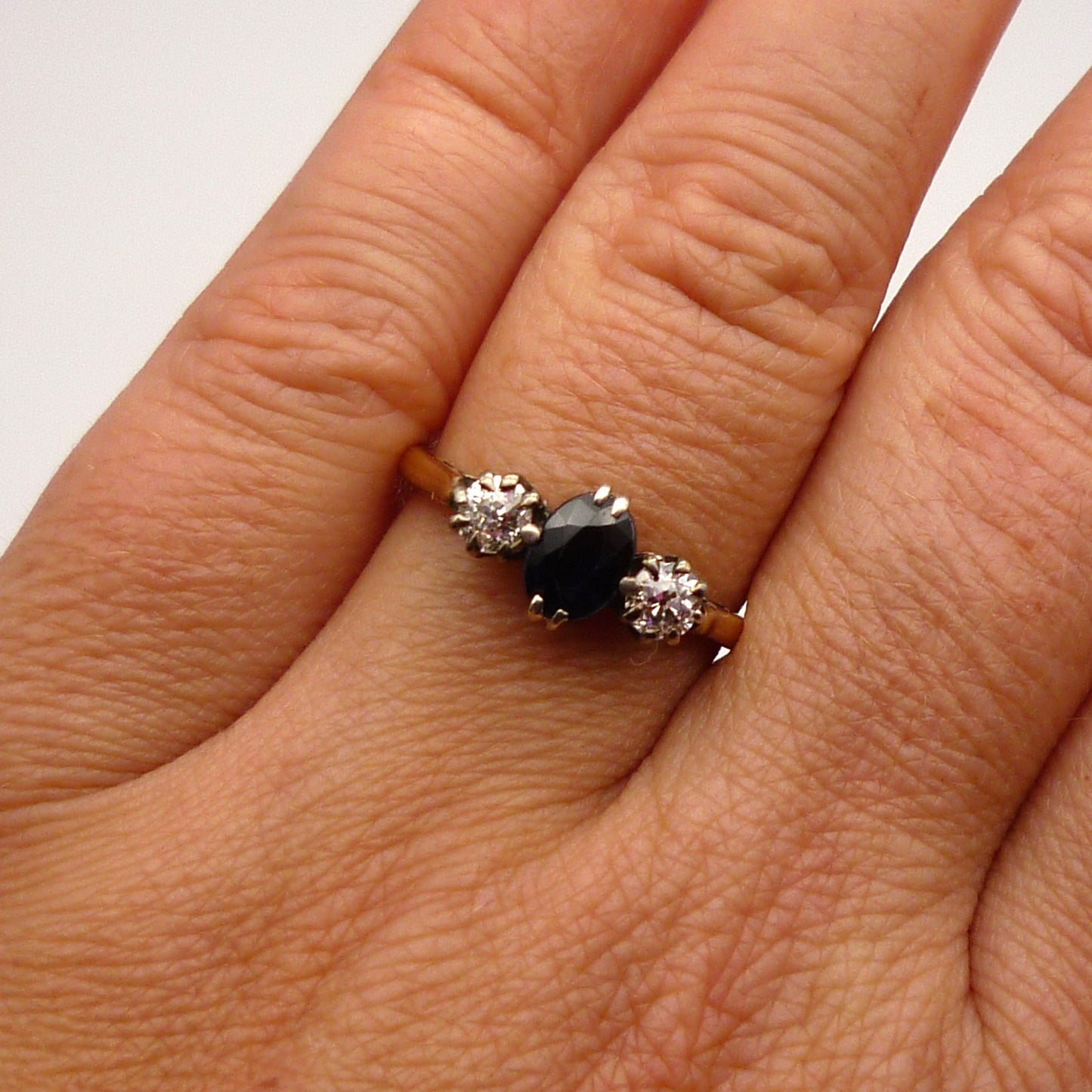 Antique Sapphire & Old Cut Diamond Trilogy Ring Size 6.75 -  UK Size N