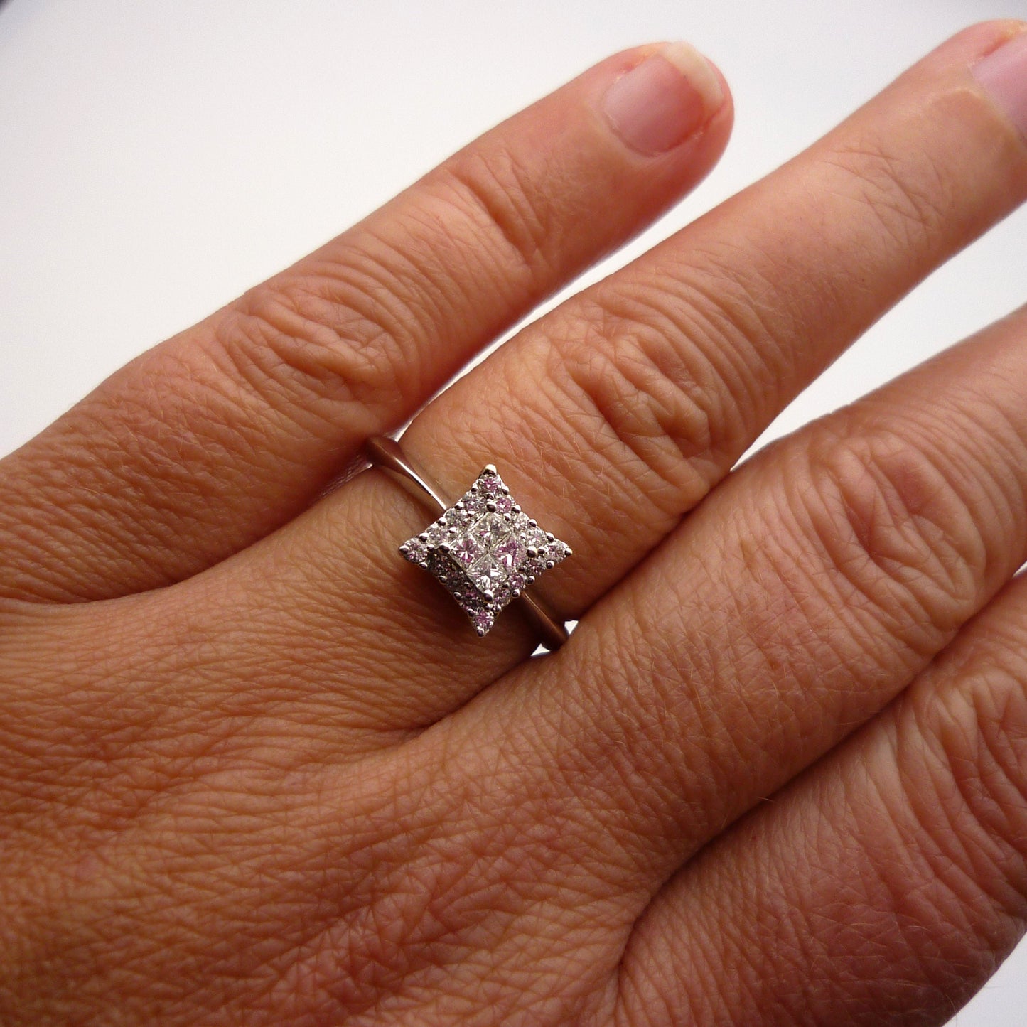 18k White Gold Square Diamond Ring with Knife Edge Band Size 5.75