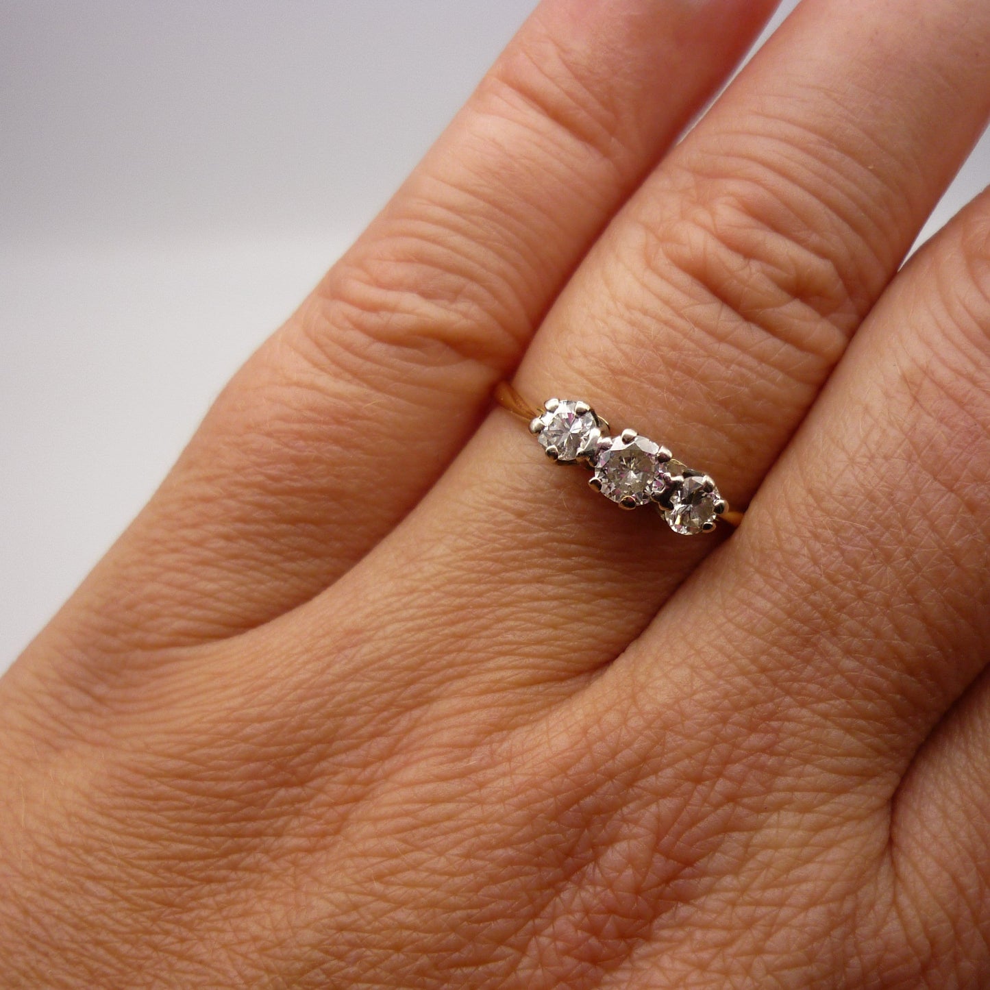 18K Gold 0.5ct Diamond Trilogy Engagement Ring Size 6.75, Dainty Gold Band