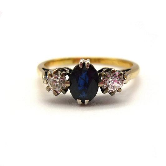 Antique Sapphire & Old Cut Diamond Trilogy Ring Size 6.75 -  UK Size N