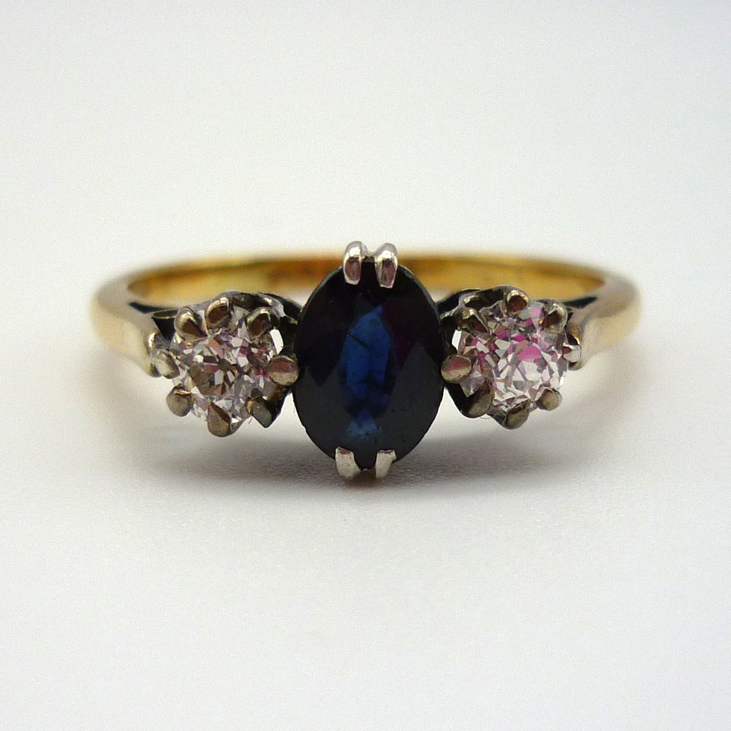 Antique Sapphire & Old Cut Diamond Trilogy Ring Size 6.75 -  UK Size N