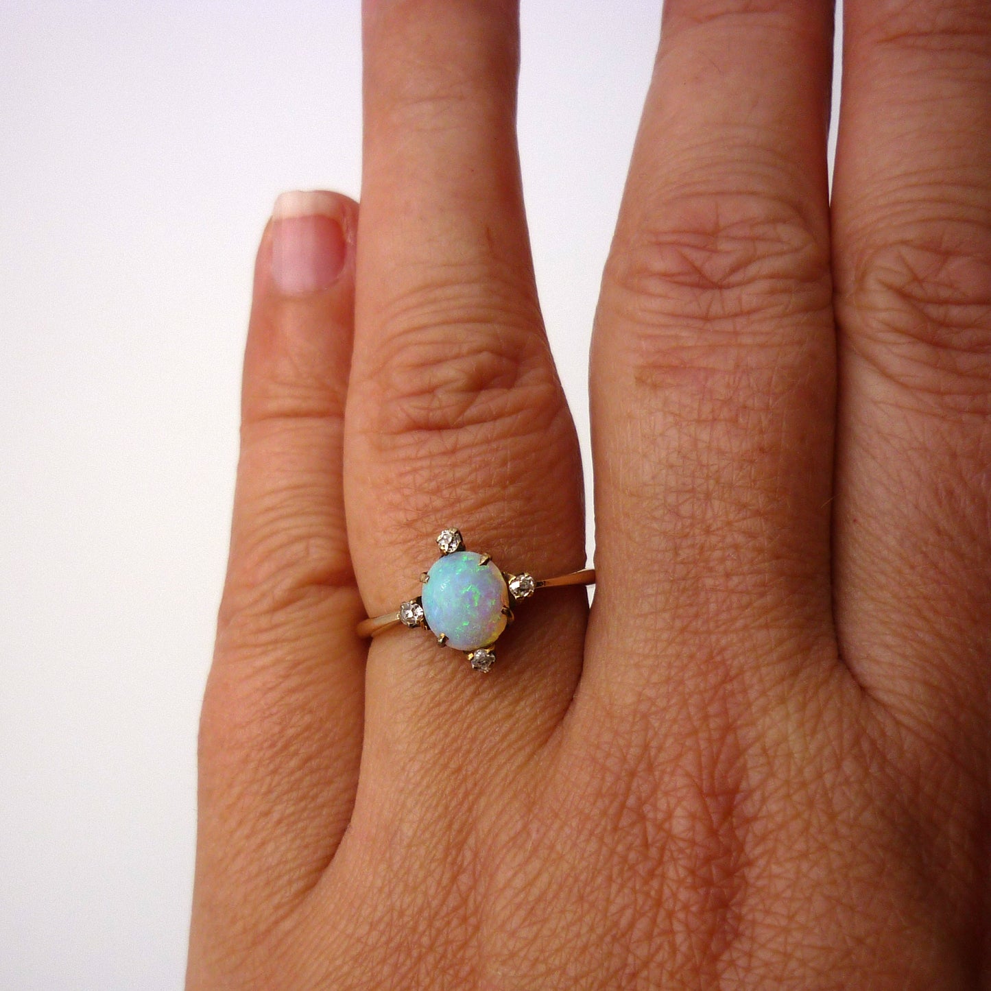 Antique Opal & Diamond Compass Ring, Victorian Romance Dainty Gold Ring, North South East West