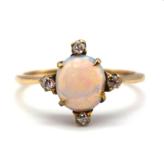 Antique Opal & Diamond Compass Ring, Victorian Romance Dainty Gold Ring, North South East West