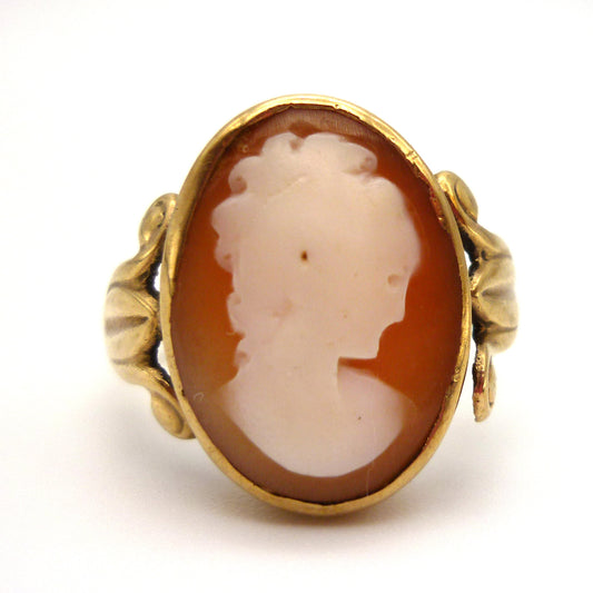 Antique Shell Cameo Ring in 9k Gold, Victorian Portrait Jewellery
