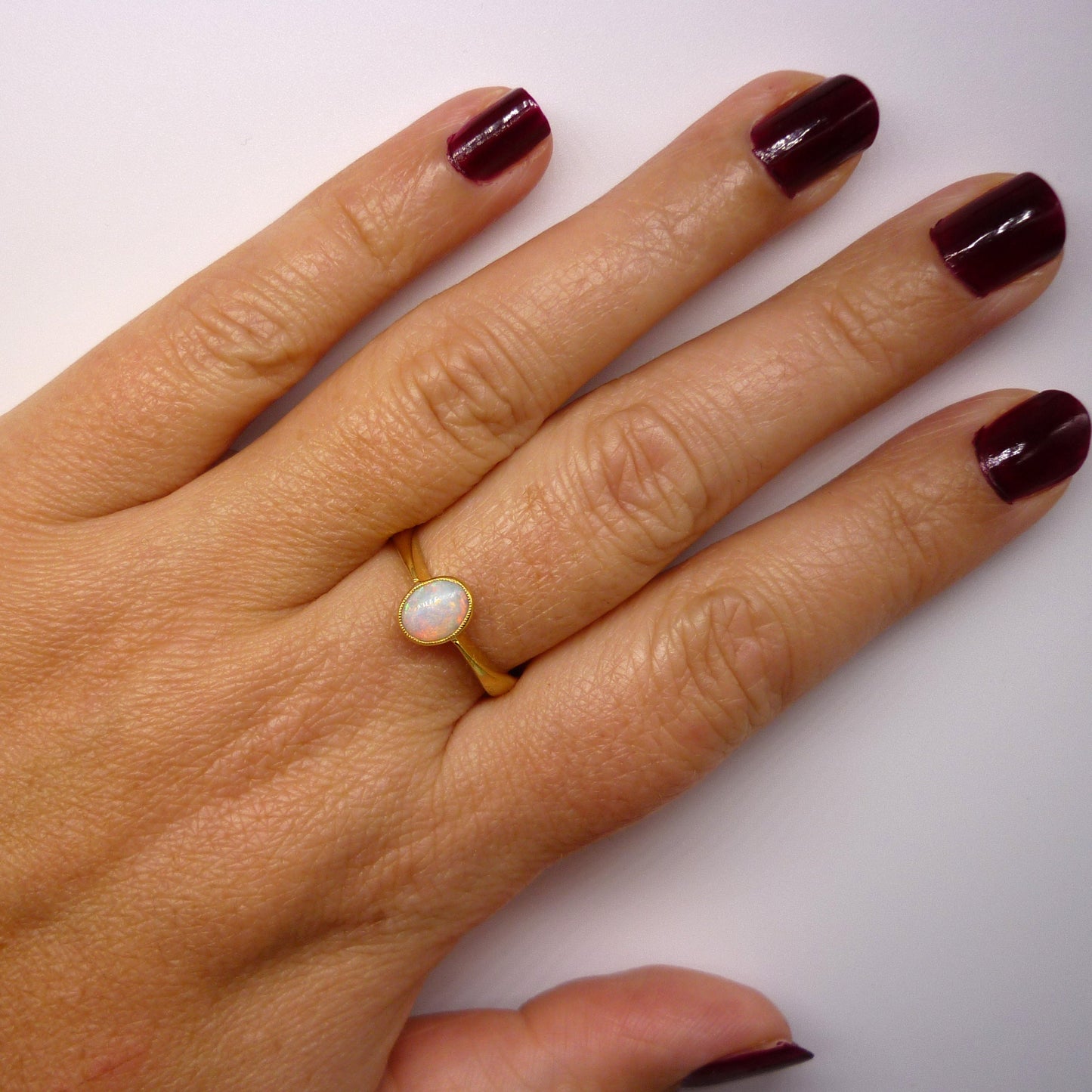 Victorian Romantic Era Opal Engagement Ring Size 8.25, Antique 22k Gold Ring from 1850s
