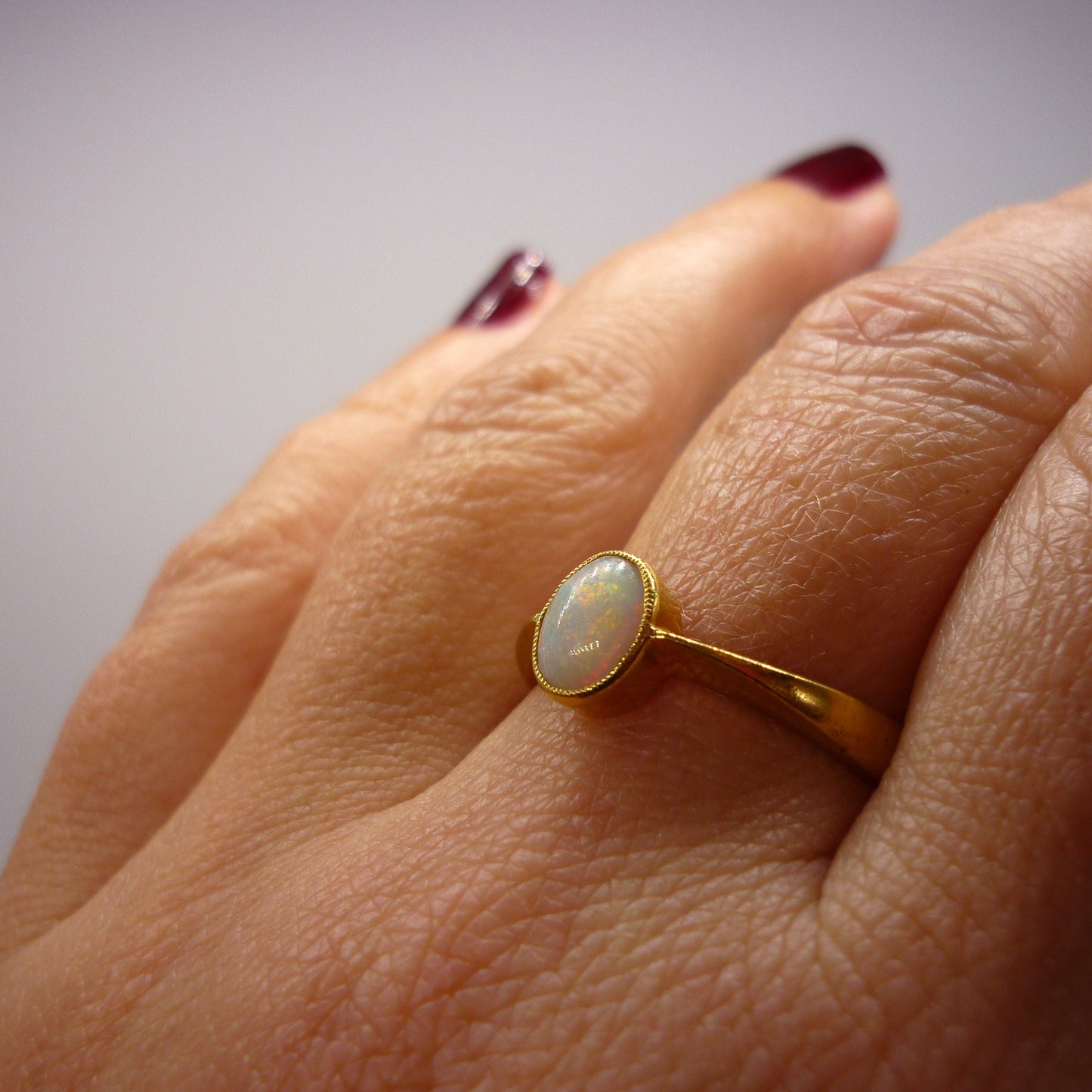 Victorian Romantic Era Opal Engagement Ring Size 8.25, Antique 22k Gold Ring from 1850s