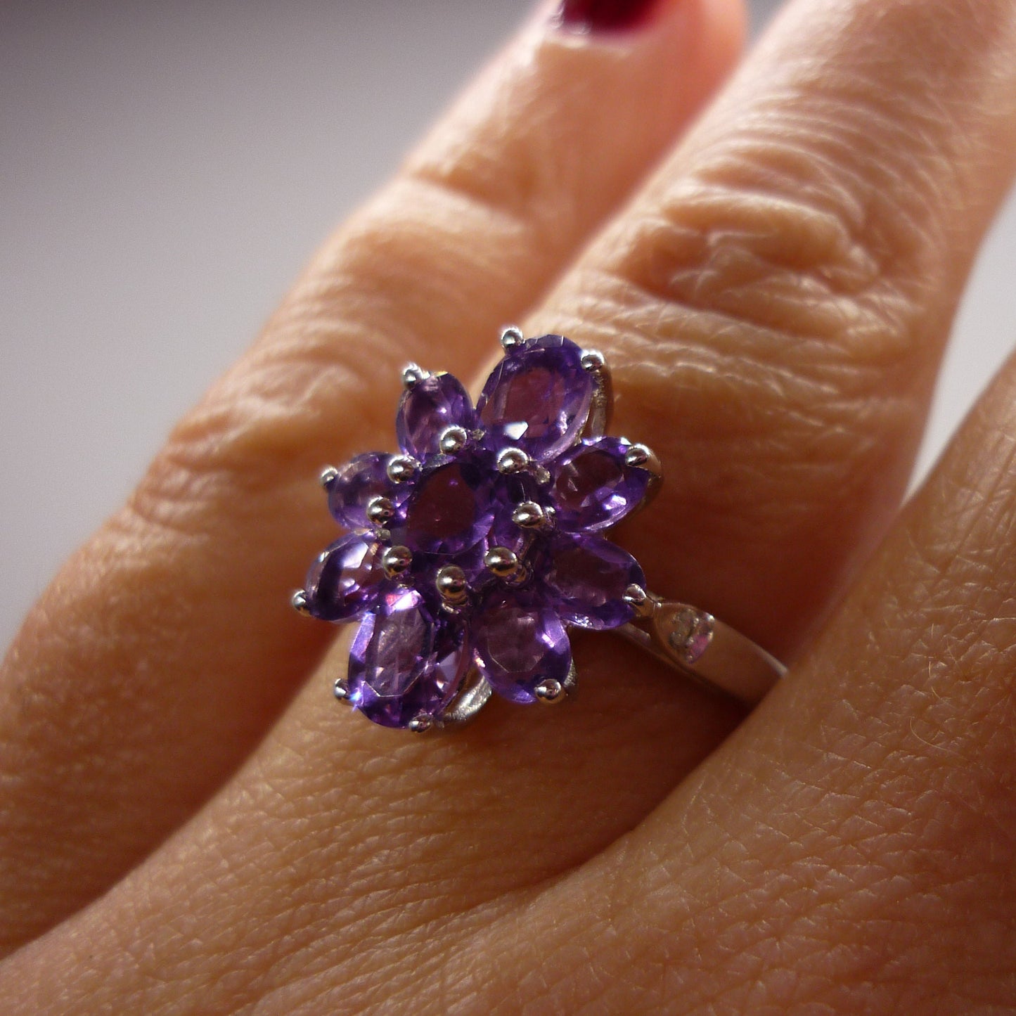 Silver Amethyst & Diamond Flower Ring Size 5, Purple Gemstone Flower