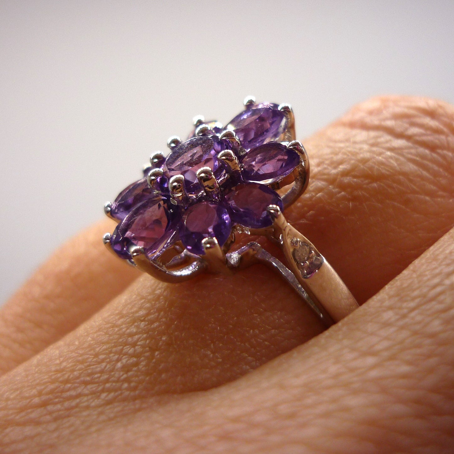 Silver Amethyst & Diamond Flower Ring Size 5, Purple Gemstone Flower