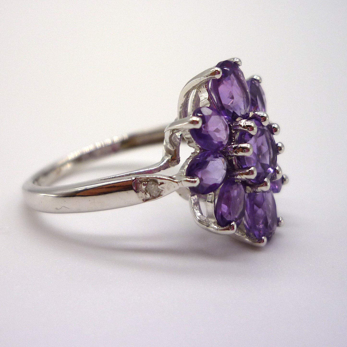 Silver Amethyst & Diamond Flower Ring Size 5, Purple Gemstone Flower