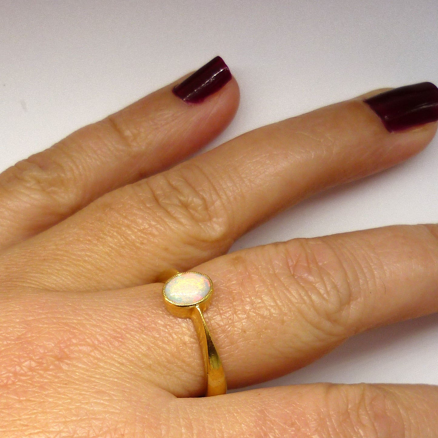 Victorian Romantic Era Opal Engagement Ring Size 8.25, Antique 22k Gold Ring from 1850s