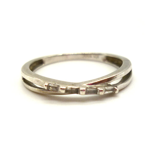 Vintage Sterling Silver Crossover Ring with Baguette Diamonds - Size 4.75