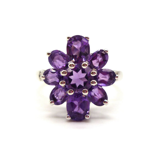 Silver Amethyst & Diamond Flower Ring Size 5, Purple Gemstone Flower