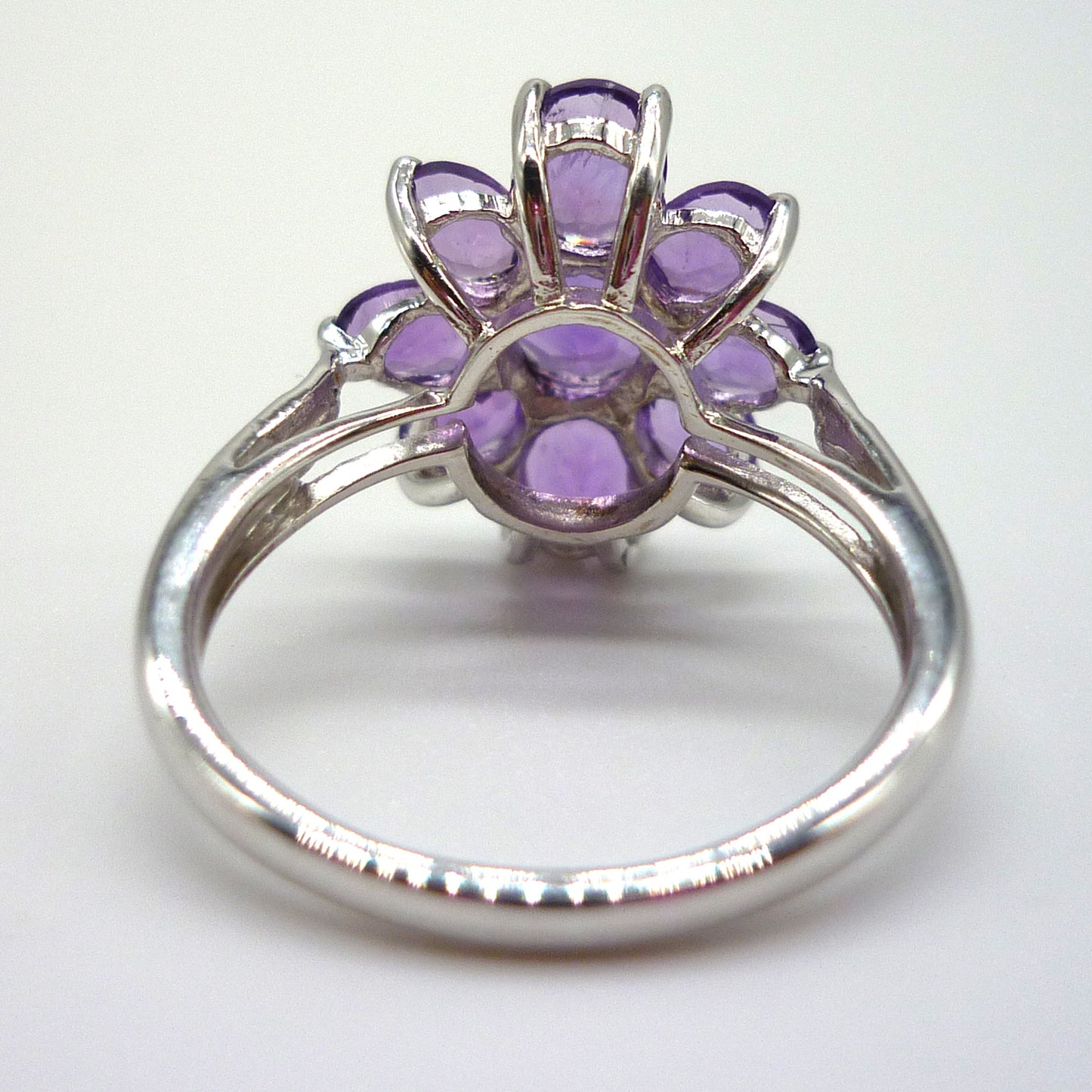 Silver Amethyst & Diamond Flower Ring Size 5, Purple Gemstone Flower