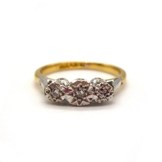 Vintage Art Deco Diamond Trilogy Ring: 18k Gold & Platinum, Size 5.75
