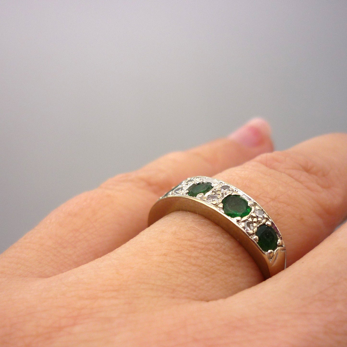 18k White Gold Emerald & Diamond Half Eternity Band