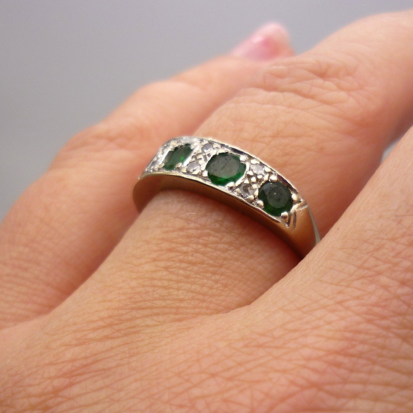 18k White Gold Emerald & Diamond Half Eternity Band
