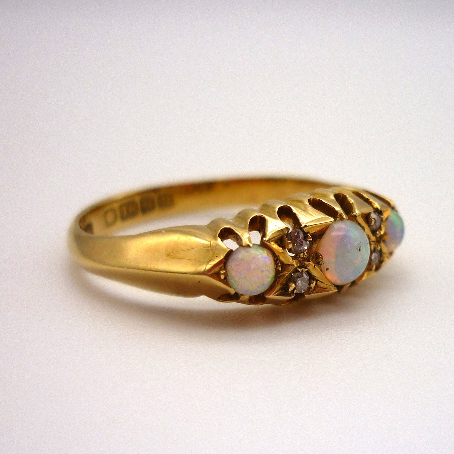 Antique Opal Diamond Ring: 18k Yellow Gold Trilogy Ring, Size 6.25