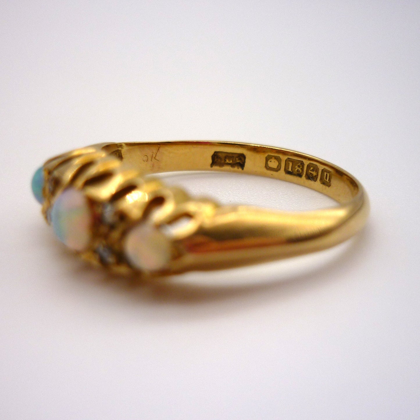 Antique Opal Diamond Ring: 18k Yellow Gold Trilogy Ring, Size 6.25