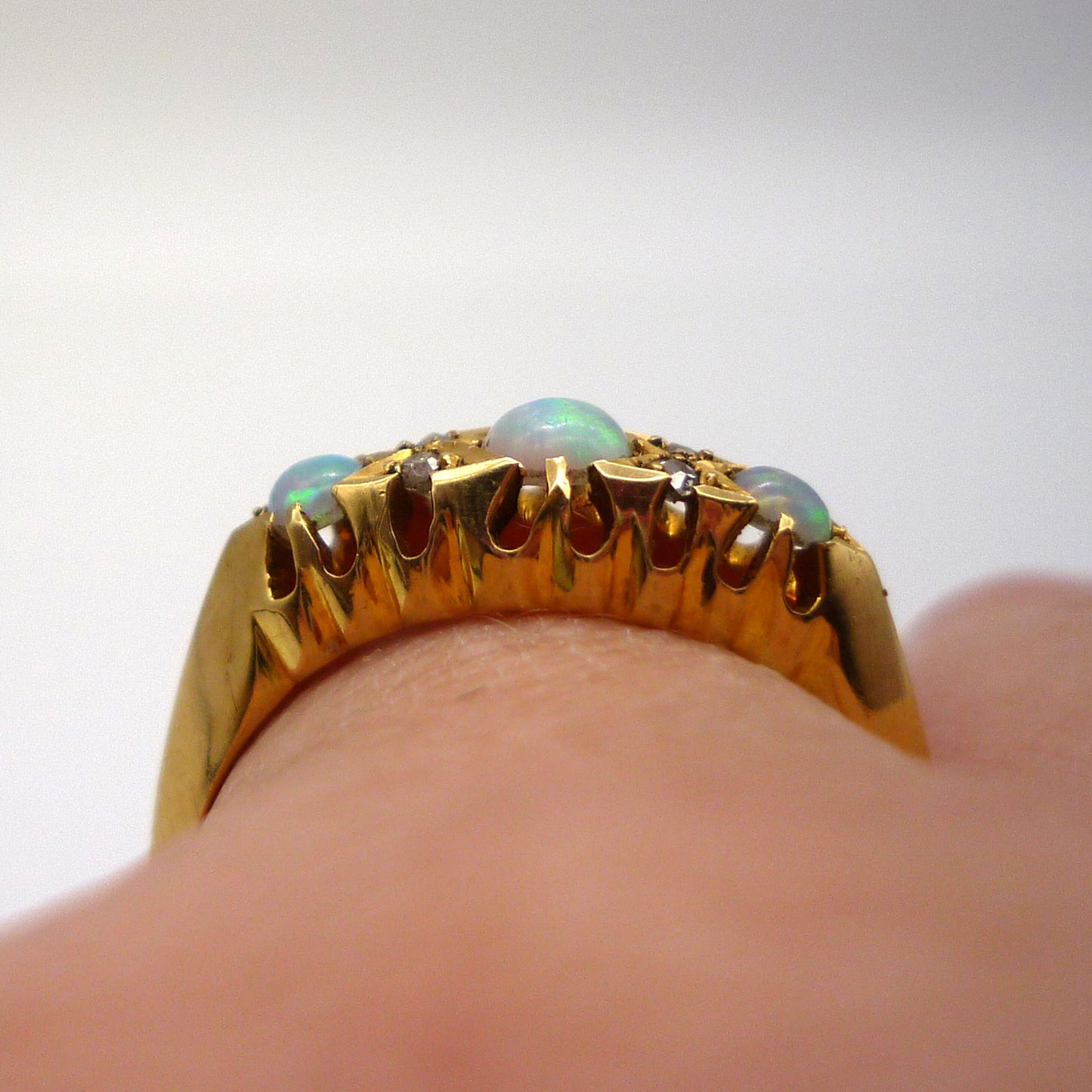 Antique Opal Diamond Ring: 18k Yellow Gold Trilogy Ring, Size 6.25