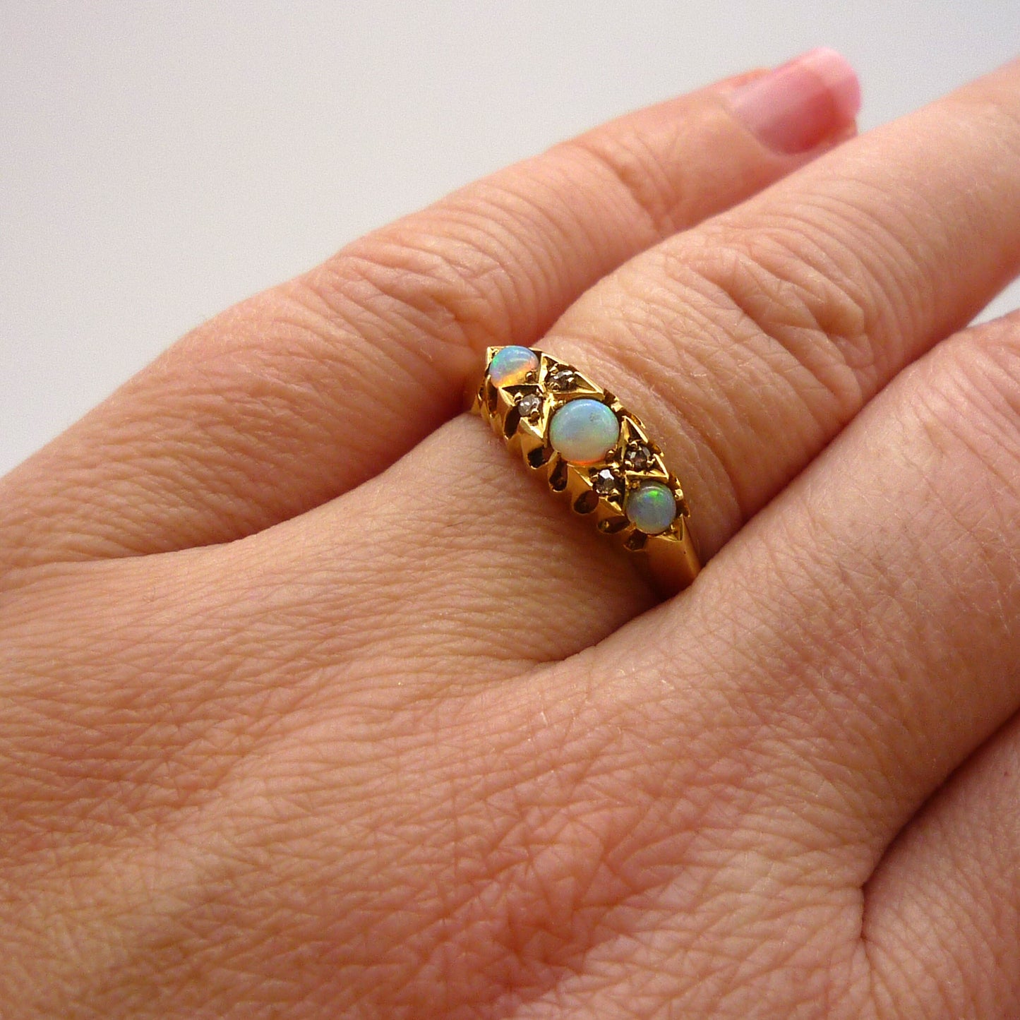 Antique Opal Diamond Ring: 18k Yellow Gold Trilogy Ring, Size 6.25