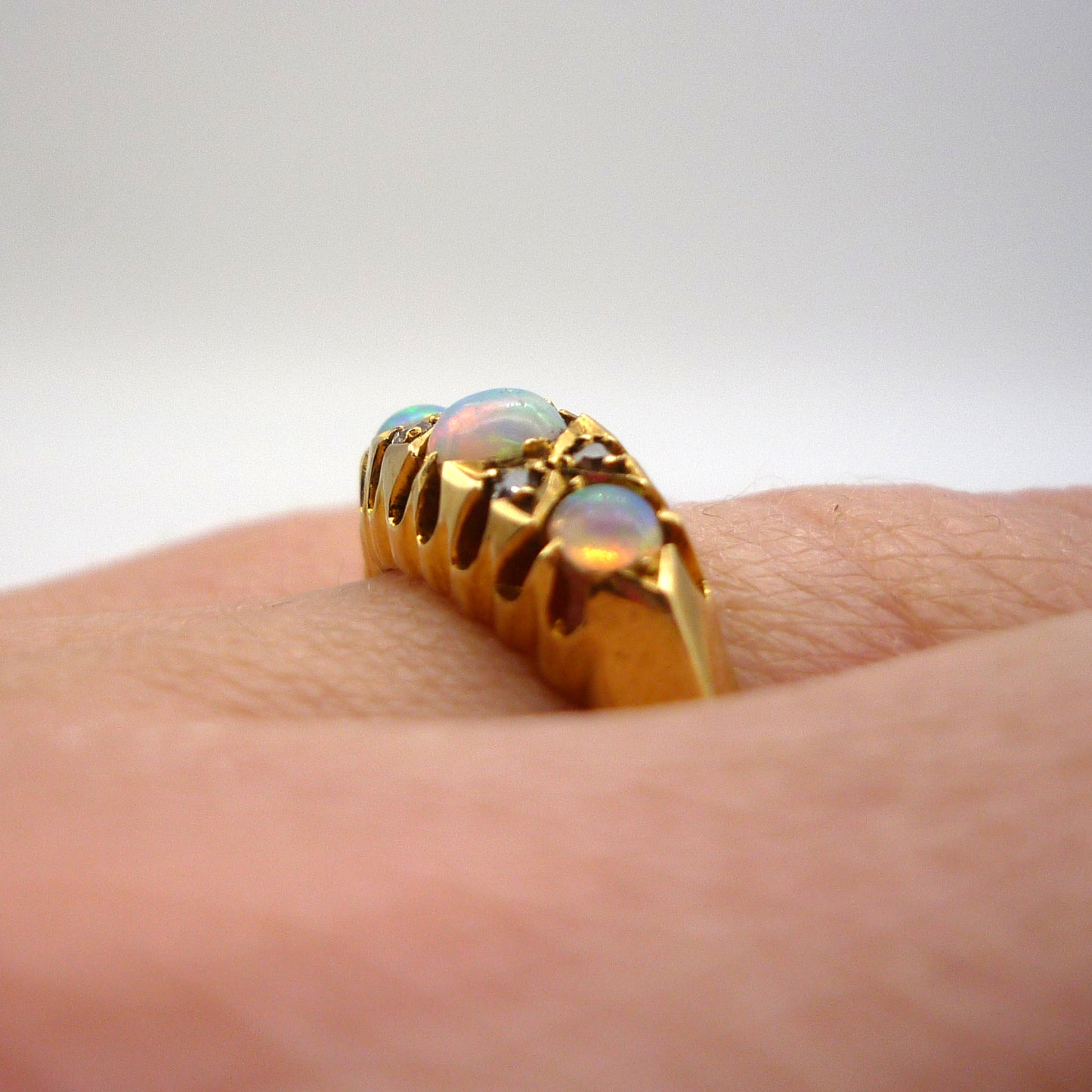 Antique Opal Diamond Ring: 18k Yellow Gold Trilogy Ring, Size 6.25