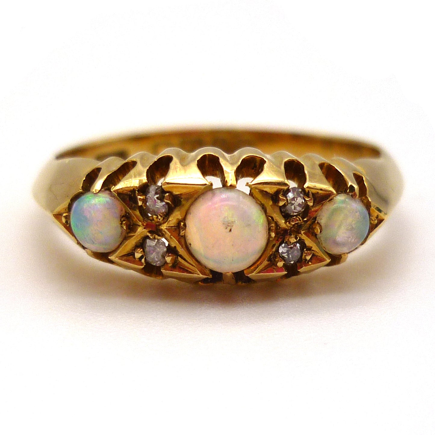 Antique Opal Diamond Ring: 18k Yellow Gold Trilogy Ring, Size 6.25