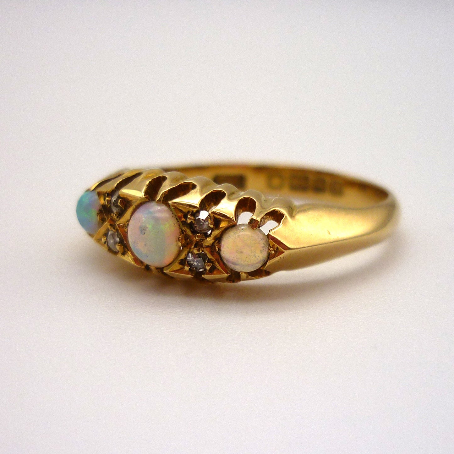 Antique Opal Diamond Ring: 18k Yellow Gold Trilogy Ring, Size 6.25