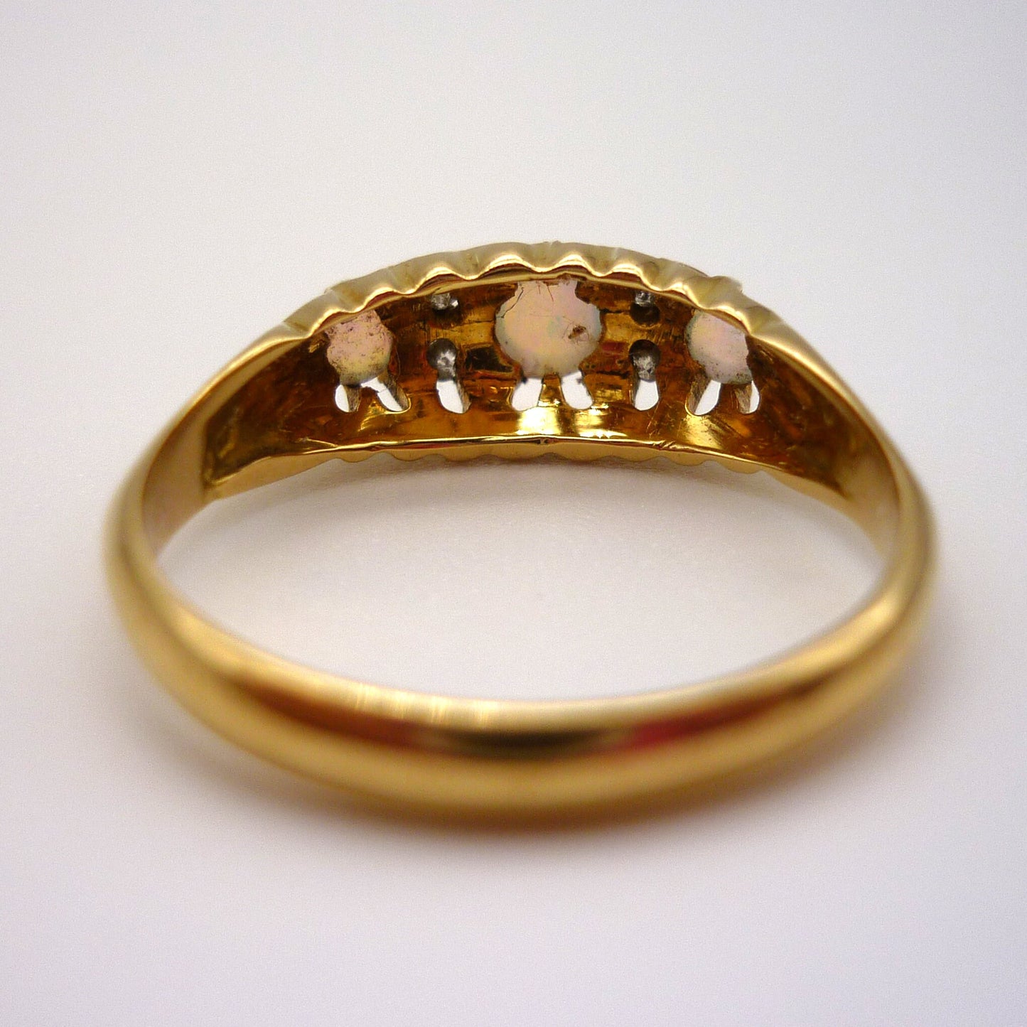 Antique Opal Diamond Ring: 18k Yellow Gold Trilogy Ring, Size 6.25