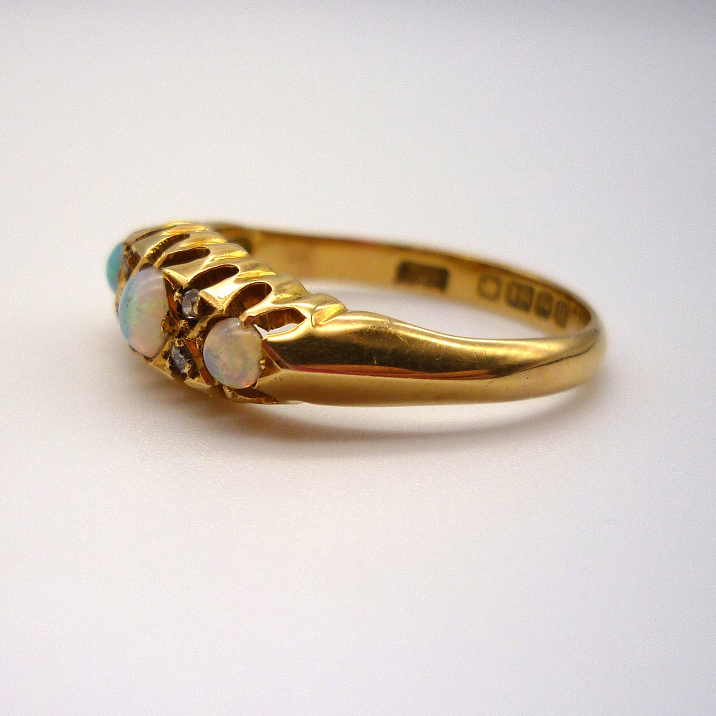 Antique Opal Diamond Ring: 18k Yellow Gold Trilogy Ring, Size 6.25