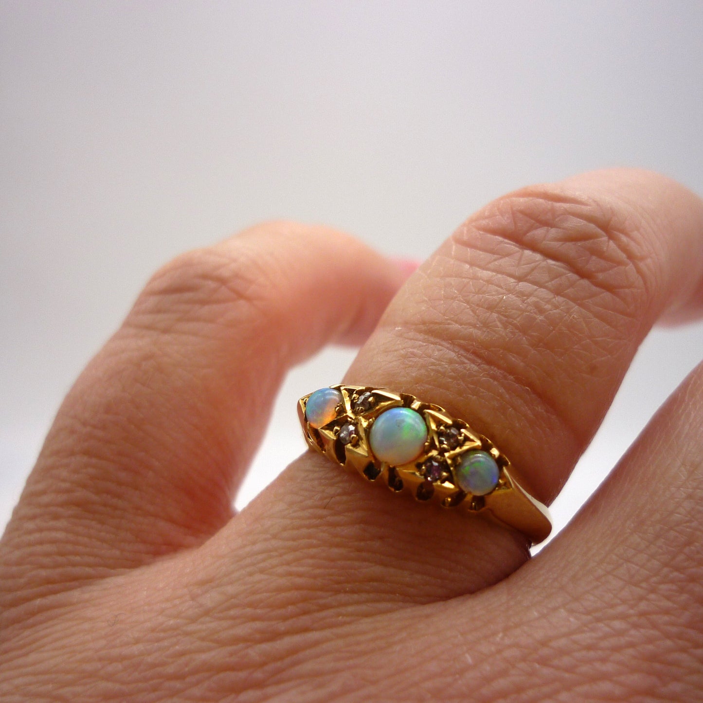 Antique Opal Diamond Ring: 18k Yellow Gold Trilogy Ring, Size 6.25