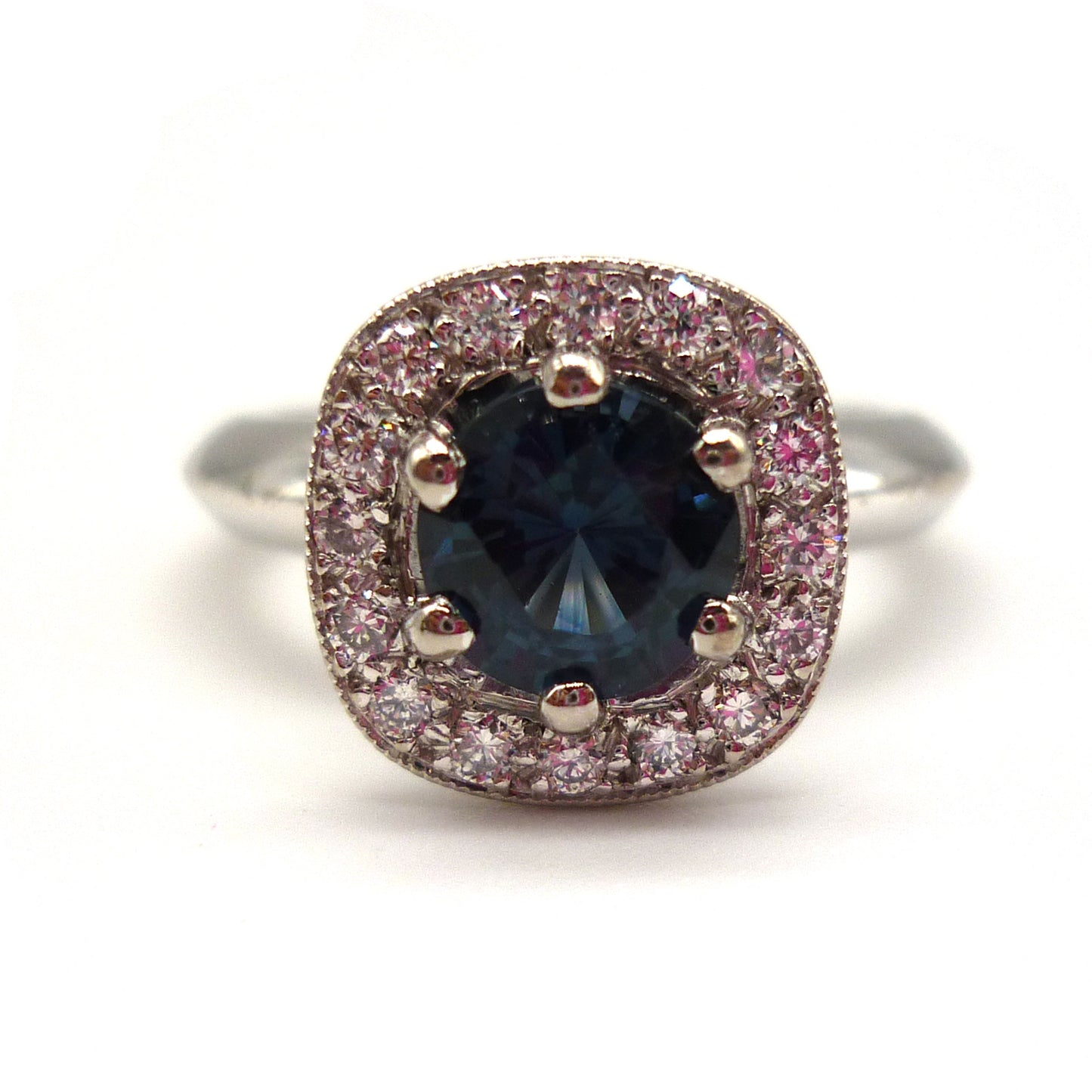 White Gold Sapphire Ring with Diamond Halo in Size 5.5