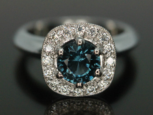 White Gold Sapphire Ring with Diamond Halo in Size 5.5