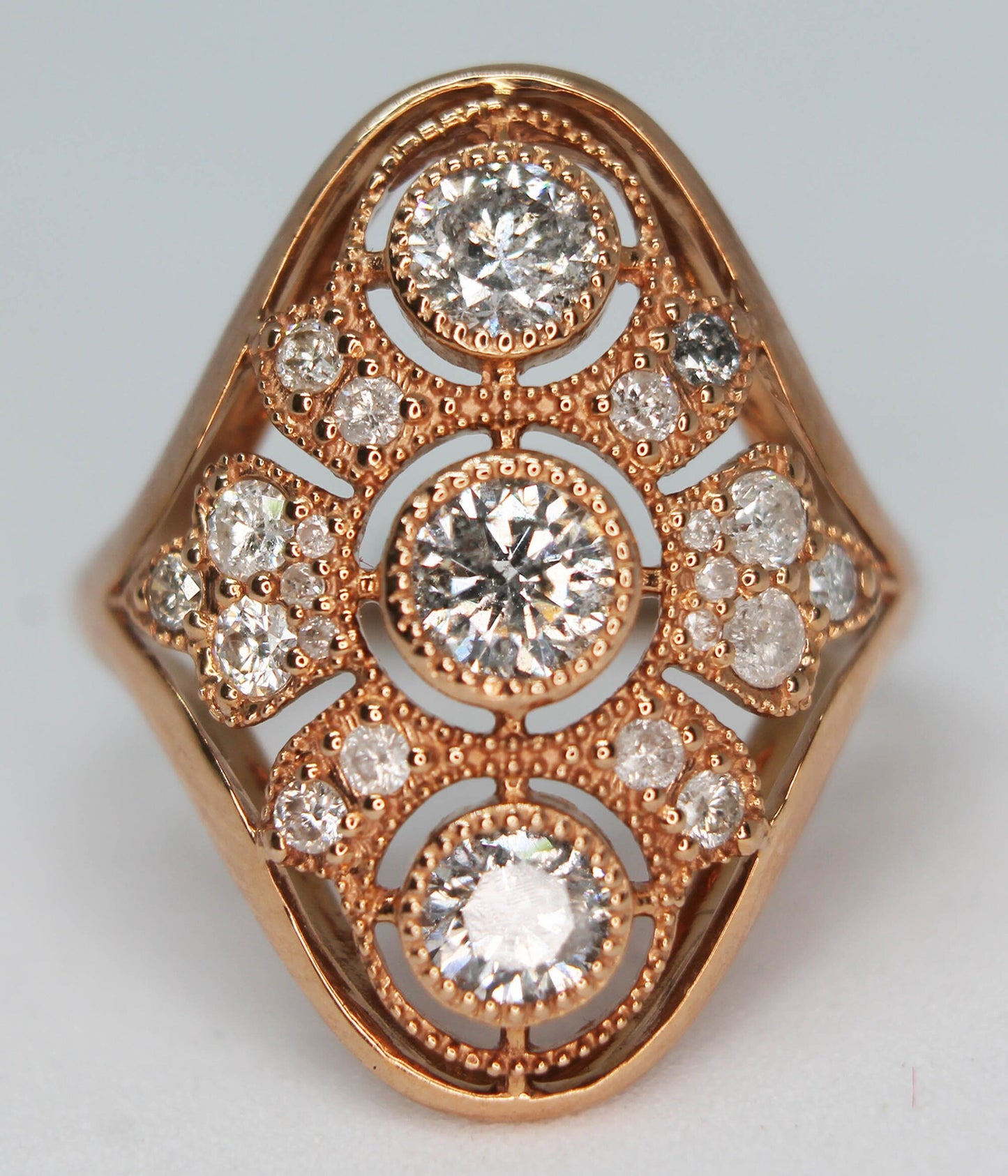 Art Deco 1ct Diamond Shield Ring: 14k Rose Gold, Size 5.25