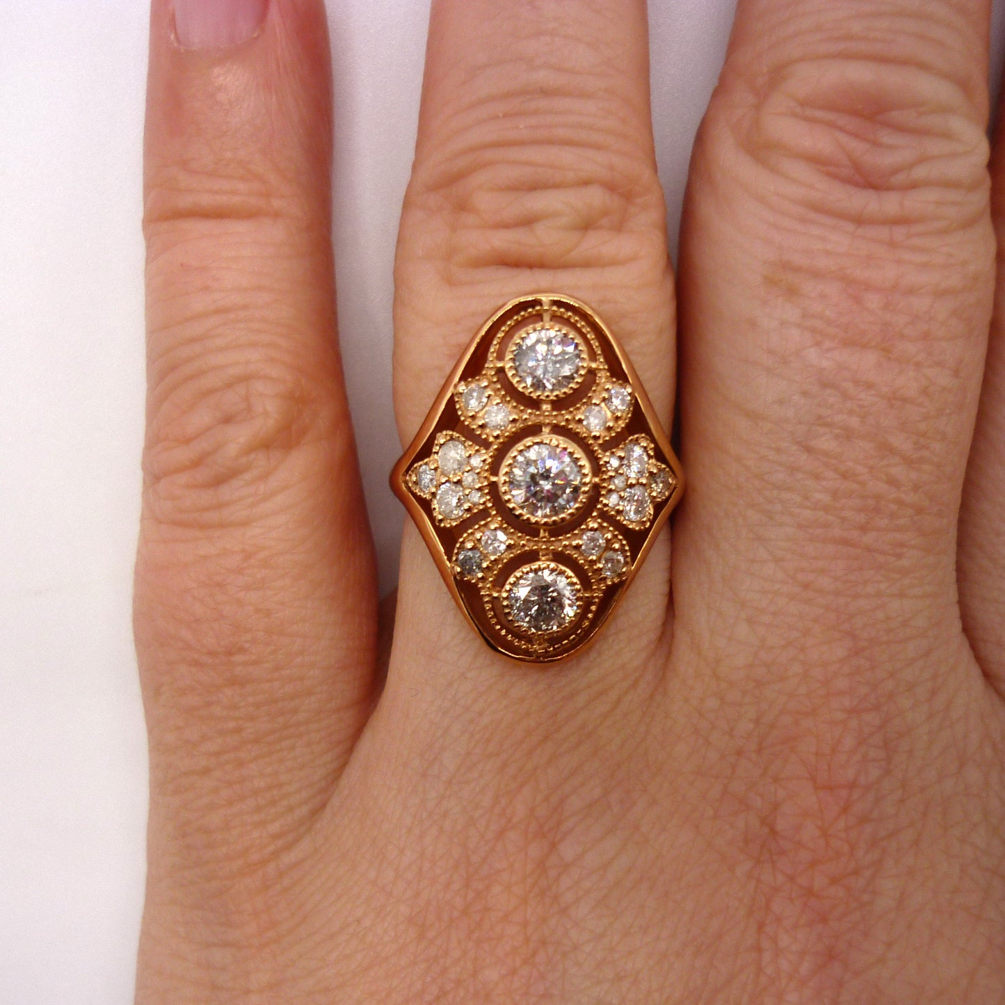 Art Deco 1ct Diamond Shield Ring: 14k Rose Gold, Size 5.25