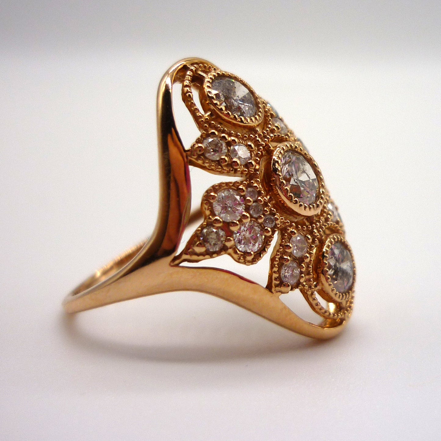 Art Deco 1ct Diamond Shield Ring: 14k Rose Gold, Size 5.25