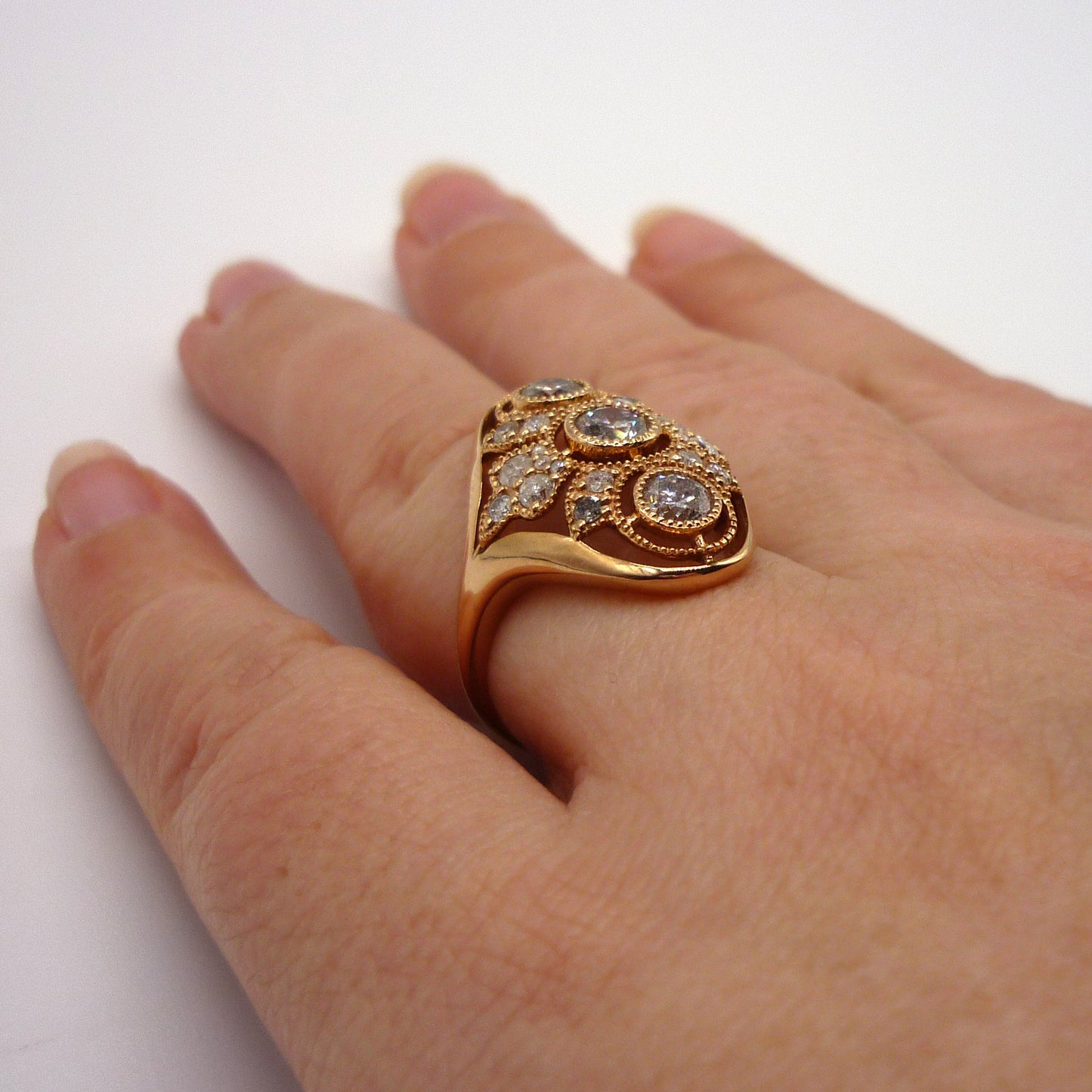 Art Deco 1ct Diamond Shield Ring: 14k Rose Gold, Size 5.25
