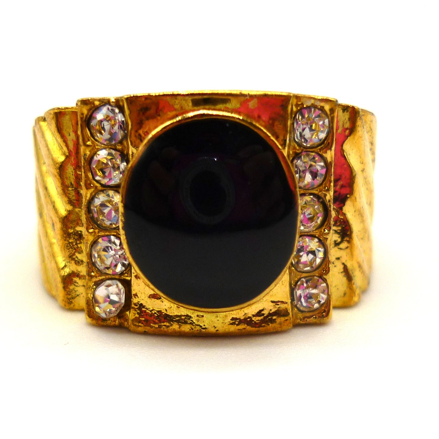 Costume Signet Ring Size 7.5, Gold Plated with Clear Stones